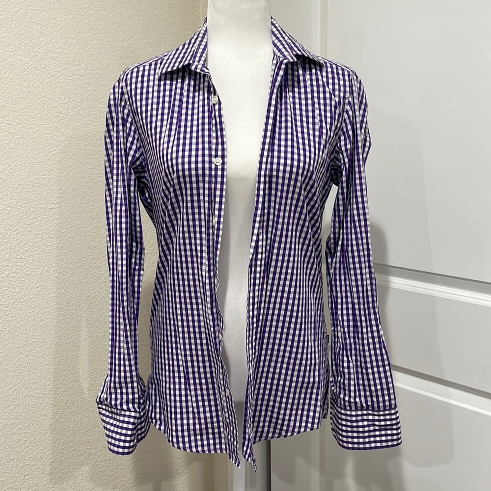 Hugo Boss purple plaid button down shirt
